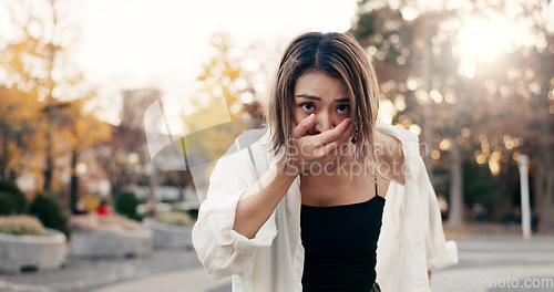 Image of Outdoor, dancing and woman with talent, face and performance with training, routine or creative industry. Portrait, contemporary dancer or girl with summer, movement or artist with practice or energy