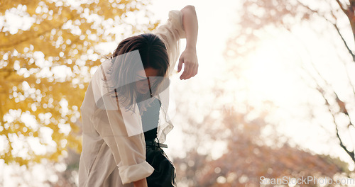 Image of Outdoor, dancing and woman with talent, Japan and performance with training, routine and creative industry. Happy, contemporary and girl with summer, movement and dancer with practice and energy