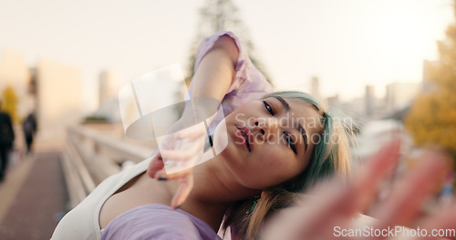 Image of Outdoor, dancing and woman with routine, face and performance with training, artist and creative industry. Japan, contemporary dancer or girl with summer, movement and talent with practice and energy