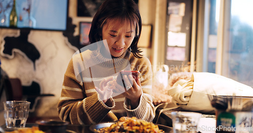 Image of Japanese woman, smartphone and healthy food in restaurant for dinner, nutrition and happy on social media. Person, mobile phone or lunch in tokyo city with umami flavor or vegetarian dish on vacation