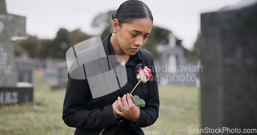 Image of Sad woman, rose and graveyard in loss, grief or mourning at funeral, tombstone or cemetery. Female person with flower in depression, death or goodbye at memorial or burial service for loved one