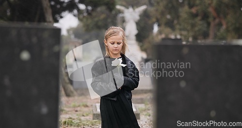 Image of Flower, death or kid in cemetery for funeral. spiritual service or grave visit for repsect in Christian religion. Mourning, goodbye or sad girl child outside in graveyard for grief, loss or farewell