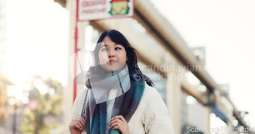 Image of Travel, thinking and walking with woman, ideas and Japan with student, decision and peaceful. Person, outdoor and girl with choice, opportunity and relax with joy, calming and smile in a street