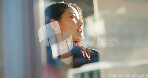 Image of Japanese woman, thinking and city on street, travel and outdoor on vacation, direction or journey. Girl, person and holiday with vision, memory or ideas on metro sidewalk, road and sunshine in Tokyo