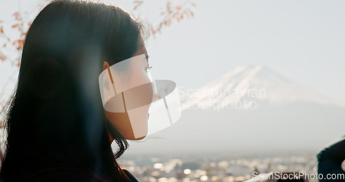 Image of Japanese woman, thinking and nature for mountain, travel and outdoor on vacation, trip or journey. Girl, person and holiday by Mt Fuji with vision, memory or ideas in closeup, environment and trees