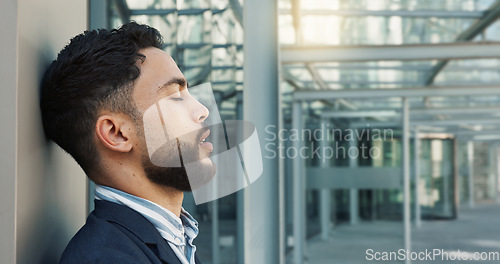 Image of City, business or man with ideas, thinking and opportunity with peace, startup or entrepreneur. Person, outdoor or agent with professional, accountant or New York with confidence, employee or economy