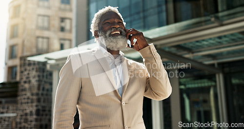 Image of Business, phone call and old man in a city, smile and communication with planning, talking and network. Senior person, employee and outdoor with entrepreneur, cellphone and contact with conversation