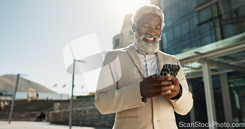 Image of Outdoor, business or old man with cellphone, connection or mobile user with internet, typing and network. City, African person or employee with smartphone, mobile user or lens flare with social media