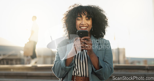Image of Outdoor, business and woman with cellphone, smile and contact with social media, digital app and lens flare. Outside, person and employee with smartphone, mobile user and internet with website info