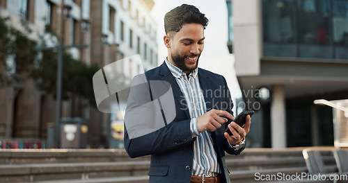 Image of Outdoor, business and man with smartphone, typing and internet with connection, smile and network Outside, person and employee with cellphone, mobile user and social media with contact or digital app