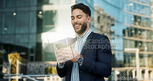 Image of Outdoor, business and man with cellphone, smile and connection with social media, internet and network. Person, city or employee with smartphone, mobile user or lens flare with contact or digital app