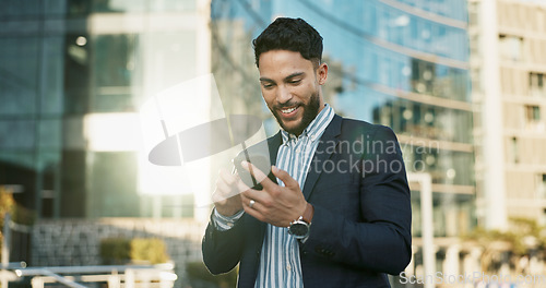 Image of Outdoor, business and man with cellphone, smile and connection with social media, internet and network. Person, city or employee with smartphone, mobile user or lens flare with contact or digital app