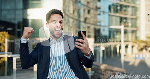 Image of Outdoor, business and man with smartphone, winner and success with investment, wow and omg. Opportunity, African person and employee with cellphone, mobile user and lens flare with contact or network