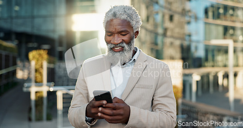 Image of Outdoor, business and old man with cellphone, contact and typing with internet, city and smile. Opportunity, senior person and employee with smartphone, mobile user and lens flare with communication