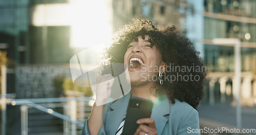 Image of Happy business woman, phone and winning in city for bonus, promotion or good news in urban town. Excited female person or employee smile on mobile smartphone for achievement or outdoor success