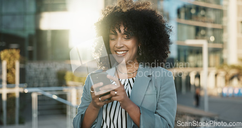 Image of Outdoor, business and woman with cellphone, typing and contact with mobile user, lens flare and social media. Person, entrepreneur and employee with smartphone, internet and website information