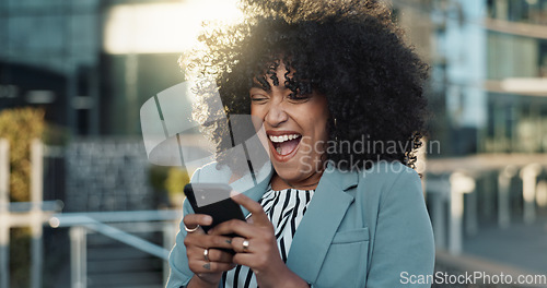 Image of Happy business woman, phone and winning in city for bonus, promotion or good news in urban town. Excited female person or employee smile on mobile smartphone for achievement or outdoor success