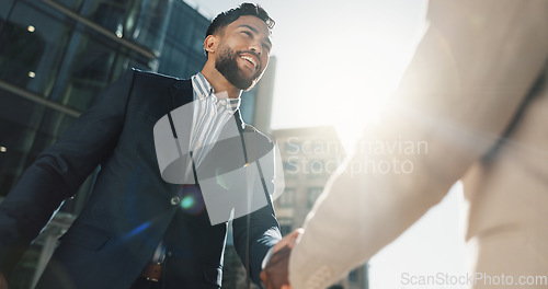 Image of Outdoor, business people and men with handshake, greeting and contract with corporate, New York and smile. Staff, employees in a city and coworkers with hello, partnership and buildings with friends