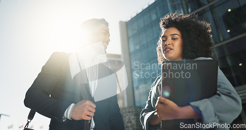 Image of Outdoor, business people and conversation with handshake, greeting and contract with lens flare, corporate and smile. Travel, employees in a city and coworkers with hello, partnership and friends