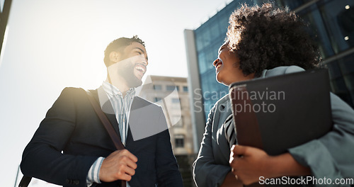 Image of Outdoor, business people and conversation with handshake, greeting and contract with lens flare, corporate and smile. Travel, employees in a city and coworkers with hello, partnership and friends