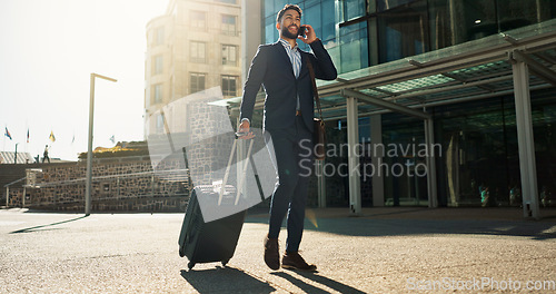 Image of Business man, suitcase and phone call in city for professional communication, transport and travel news or information. Happy corporate worker with mobile chat, luggage and walking outdoor to airport