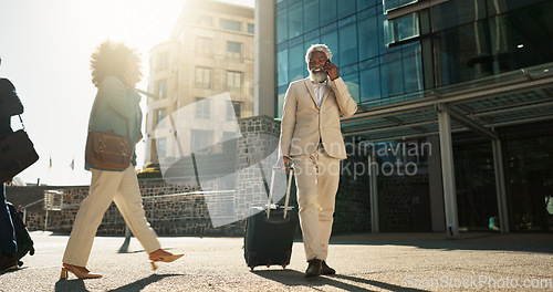 Image of Business man, phone call and suitcase in city, street or conversation for booking, travel or transportation. Senior corporate executive, smartphone or luggage on talk, chat or sidewalk in Cape Town