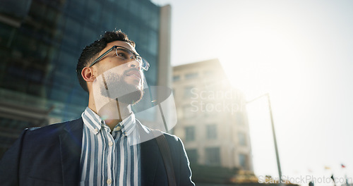 Image of Businessman, vision and city in travel for opportunity, dream job or career ambition outside building. Face of man or employee thinking with business mindset for outdoor inspiration in an urban town