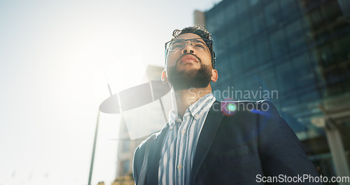 Image of Businessman, vision and city in travel for opportunity, dream job or career ambition outside building. Face of man or employee thinking with business mindset for outdoor inspiration in an urban town