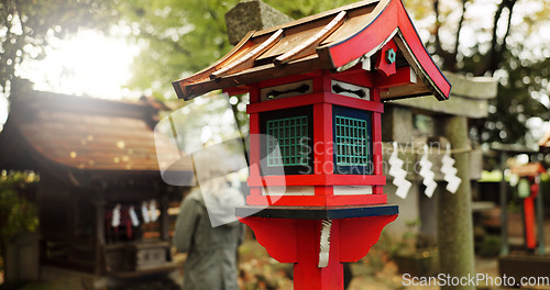 Image of Japan, nature and wooden lantern in Kyoto with trees, tourist and woman with torii gate. Architecture, japanese culture and shinto shrine in woods with sculpture, religion memorial and monument