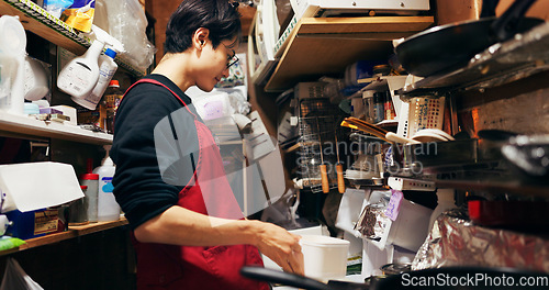 Image of Japanese chef man, cooking and kitchen by stove, service or catering job on pan, pot and ready. Person, restaurant or cafeteria with chopsticks for meal prep, working or thinking for recipe in Tokyo