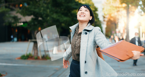 Image of City, celebration or Japanese woman excited by work promotion, achievement or success. Professional person, happy winner or walking in street for goal, energy or career growth with gratitude or smile