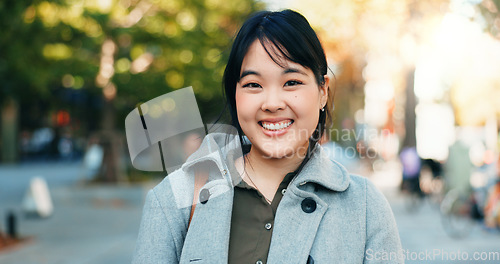 Image of Japan businesswoman, face and happy in city for company travel and street for ambition or startup entrepreneur. Portrait, person and smile for summer trip for career growth and job pride in kyoto