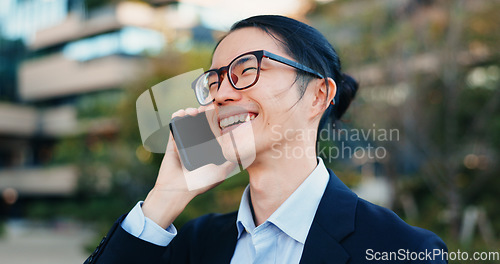 Image of Phone call, city and business man laugh at funny feedback, discussion and chat about news, report or results. Smartphone, humour and happy face of Japanese agent talking with contact on urban commute