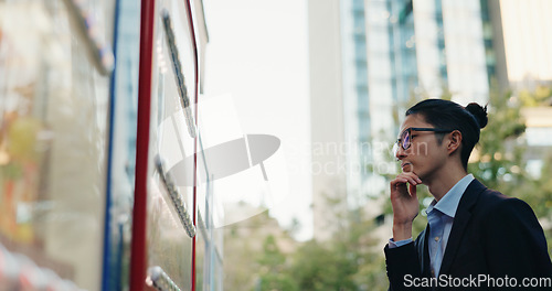 Image of Man, thinking and choice at the vending machine for food or hot drink with businessman in city. Shopping, automatic service and hungry professional customer with decision downtown in Tokyo Japan