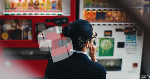 Image of Vending machine, business man and thinking, decision or choice of automatic service on digital tech at night in city outdoor. Back, shopping and professional customer in urban town in Tokyo Japan