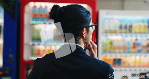 Image of Vending machine, business man and choice, decision or thinking of automatic service technology at night in city outdoor. Back, shopping and hungry professional customer in urban town in Tokyo Japan