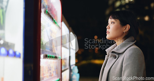 Image of Vending machine, woman and phone payment at night, automatic digital purchase or choice of food in city outdoor. Smartphone, shopping and Japanese business person on mobile technology in urban town