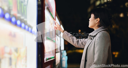 Image of Vending machine, woman and phone payment at night, automatic digital purchase or choice of food in city outdoor. Smartphone, shopping and Japanese business person on mobile technology in urban town