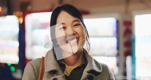 Image of Laughing, face and confident businesswoman on lunch break in japanese town with vending machine technology. Person, portrait and happiness in professional career, funny joke and bokeh in tokyo city