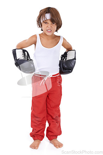 Image of Boxing, fight and angry portrait of child in with courage for martial arts in white background. Challenge, boxer or kid with mma training in self defense, exercise or practice with gear in studio