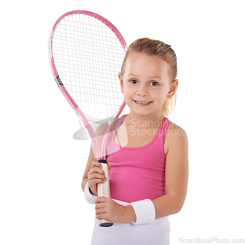 Image of Tennis, sports and portrait of girl on a white background for training, workout and exercise. Fitness, happy and isolated young child with racket for hobby, activity and fun for wellness in studio