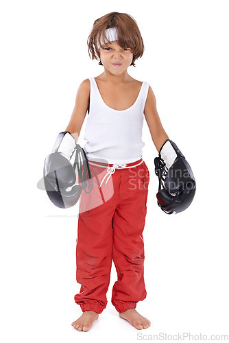 Image of Boxing, child and angry portrait for fight with courage for martial arts in white background. Challenge, boxer or kid with mma training in self defense, exercise or practice with gear in studio