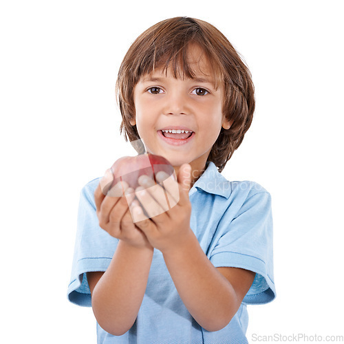 Image of Boy, child and apple portrait for health and nutrition with vegan snack for wellness on white background. Organic fruit, healthy food and eating for vitamin c, benefits and youth smile in studio