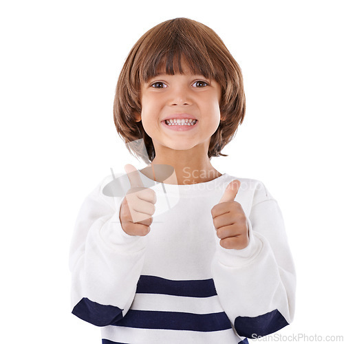 Image of Thumbs up, happy and portrait of child on a white background for success, good news and approve. Emoji, thank you and isolated young kid with hand gesture for agreement, yes and like sign in studio