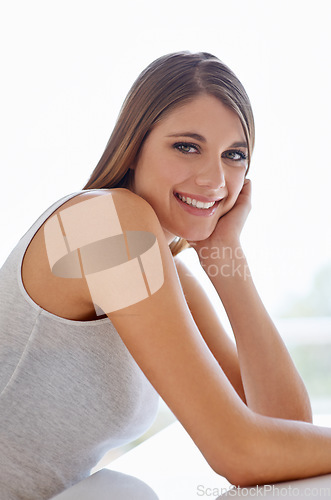 Image of Cosmetic, smile and portrait of young woman with natural, glow and glamour facial routine. Confidence, makeup and happy attractive female person with self care, dermatology and face treatment.