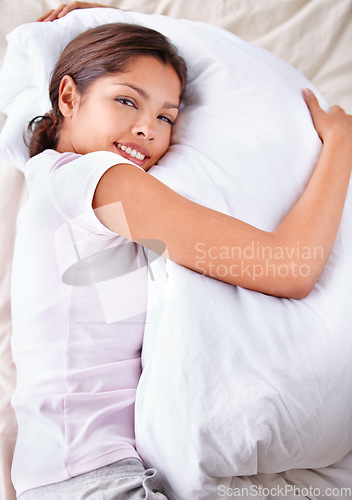 Image of Happiness, duvet and portrait of bedroom woman with comfort, cozy nap and weekend break in Puerto Rico home. Top view, mattress bed and person on cotton bedsheets with smile, leisure and wellness