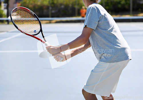 Image of Back, tennis and person with racket, court and fitness with energy and training with competition. Player, sunshine and player with equipment and workout with teenager, sports and exercise with game