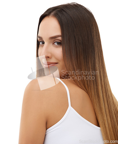 Image of Woman, long hair and natural beauty in portrait isolated on a white studio background. Face, hairstyle and back of young model in cosmetics, care at hairdresser salon treatment or body skin glow