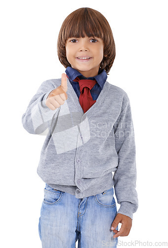 Image of Thumbs up, happy and portrait of boy on a white background for success, good news and approve. Emoji, thank you and isolated young child with hand gesture for agreement, yes and like sign in studio
