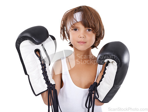 Image of Boxing, training and portrait of child with gloves for learning martial arts in white background. Boxer, gear and kid in mma sport for self defense, exercise and practice for competition in studio